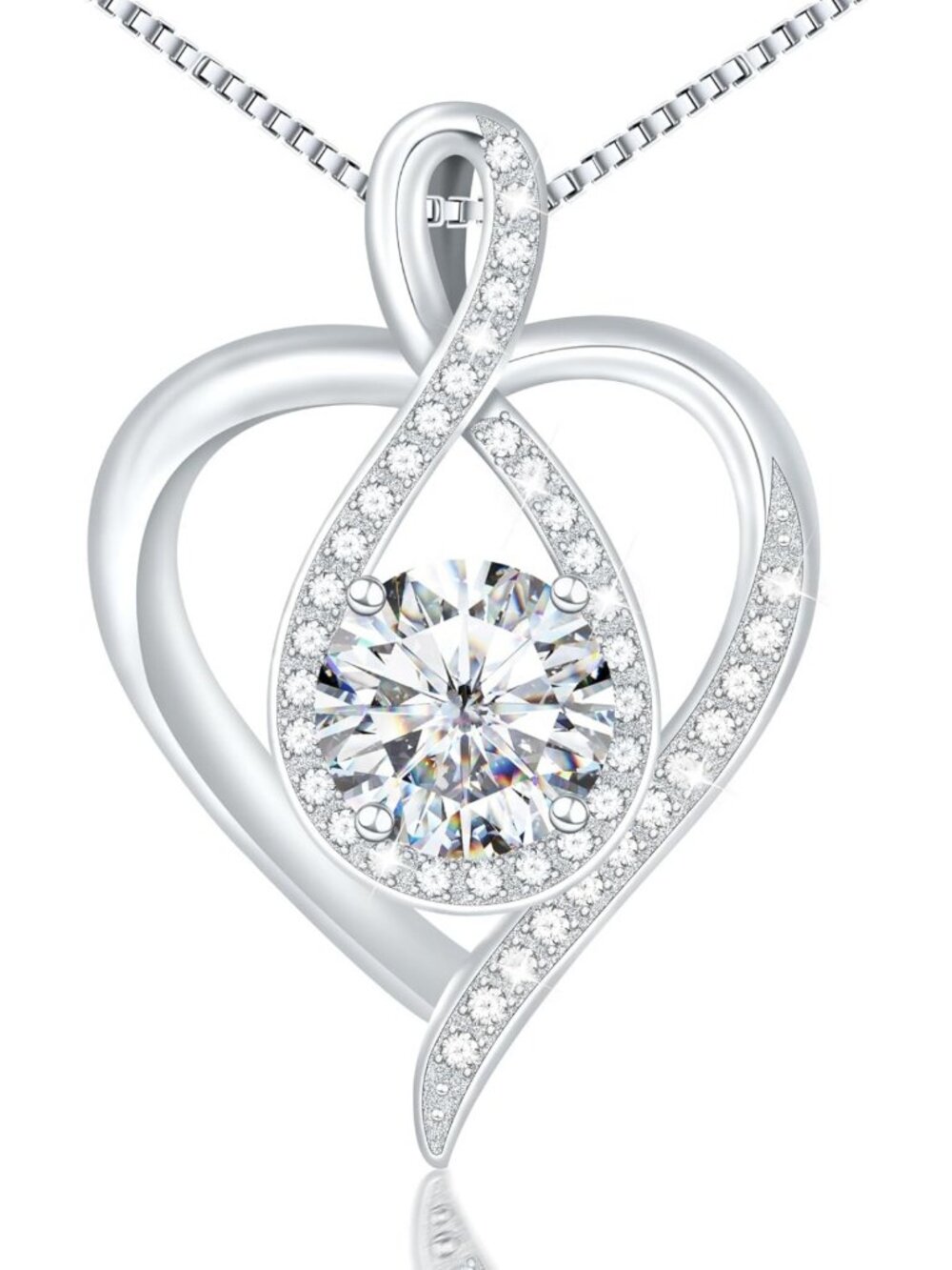 Sterling Silver Infinity Heart Necklace, Rhodium Plated CZ Pendant Gift for Her